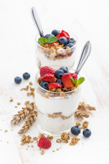 healthy dessert with natural yogurt, muesli and berries