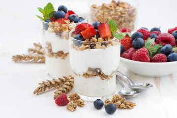 healthy dessert with natural yogurt, muesli and berries