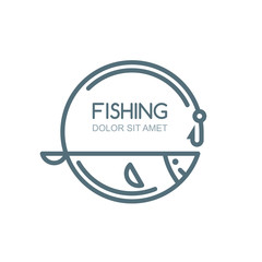 Vector fishing logo, label, badge, emblem design elements. Outline fish, fishing rod and hook illustration, isolated. 