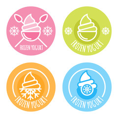 Set of vector linear logo, label, of frozen yogurt. Multicolor ice cream icons. Circle outline  emblems. Design elements for package and prints.