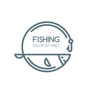 Vector fishing logo, label, badge, emblem design elements. Outline fish, fishing rod and hook illustration, isolated. 