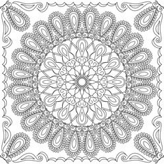 Vector coloring book for adult. Square page for relax and meditation. Black and white mandala pattern with ethnic indian ornament