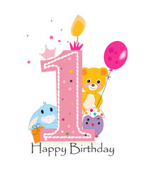 Happy first birthday candle. Baby boy greeting card with bunny, chick and teddy bear vector