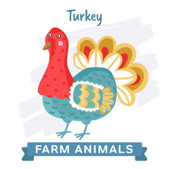 Turkey isolated, raster illustration. Farm Animals Series. Cartoon style design. Single Animal on white background.