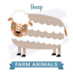 Sheep isolated, raster illustration. Farm Animals Series. Cartoon style design. Single Animal on white background.
