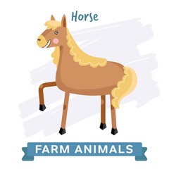 Horse isolated, raster illustration. Farm Animals Series. Cartoon style design. Single Animal on white background.