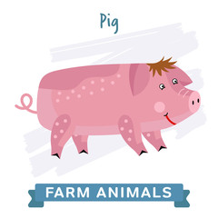 Pig isolated, raster illustration. Farm Animals Series. Cartoon style design. Single Animal on white background.
