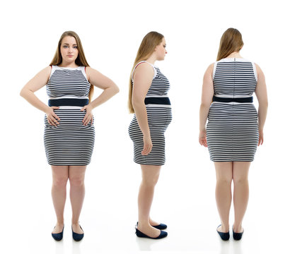 Overweight young woman, full length portrait. Front, side and ba