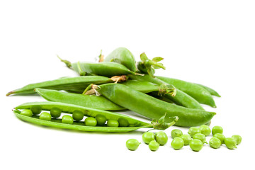 Green peas in the pod on white background.