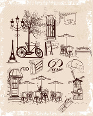 Series of backgrounds decorated with flowers, old town views and street cafes. Hand drawn Vector Illustration 
