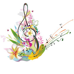 Naklejka premium Musical treble clef with notes, flower splashes. Summer music.