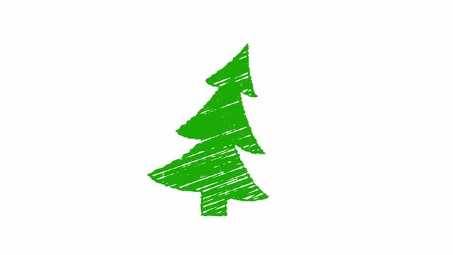 christmas tree painted with chalk on white background, hand drawn animation 4K