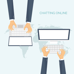 Vector illustration. Flat background. Social media, chatting. Global communication. Laptop, computer. Emailing. Web chat , internet messages. Sms.