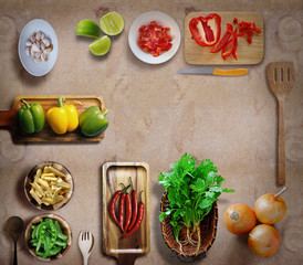 Vegetarian cooking creative concept home with fresh vegetables and healthy wooden top view a copy of the area, Thailand.
