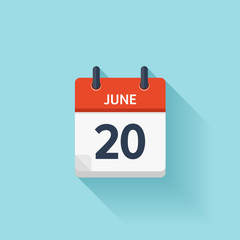 June 20 . Vector flat daily calendar icon. Date and time, day, month. Holiday.