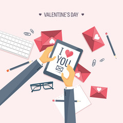 Vector illustration. Flat background with tablet. Love, hearts. Valentines day. Be my valentine. 14 february. 