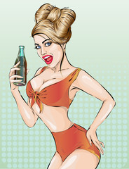 Sexy pop art woman with bottle. Pin-up