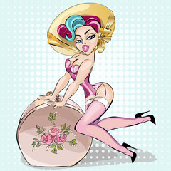 Pin-Up sexy woman in lingerie packed her travel suitcase