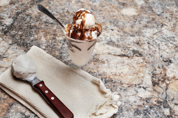 a hot fudge sundae with a scoop of vanilla ice cream