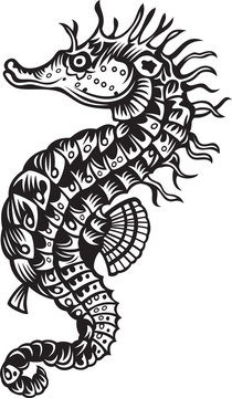Sea horse, black and white vector illustration
