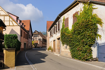 Fototapeta na wymiar Street with half-timbered houses in the village of Andlau, Alsace, France 