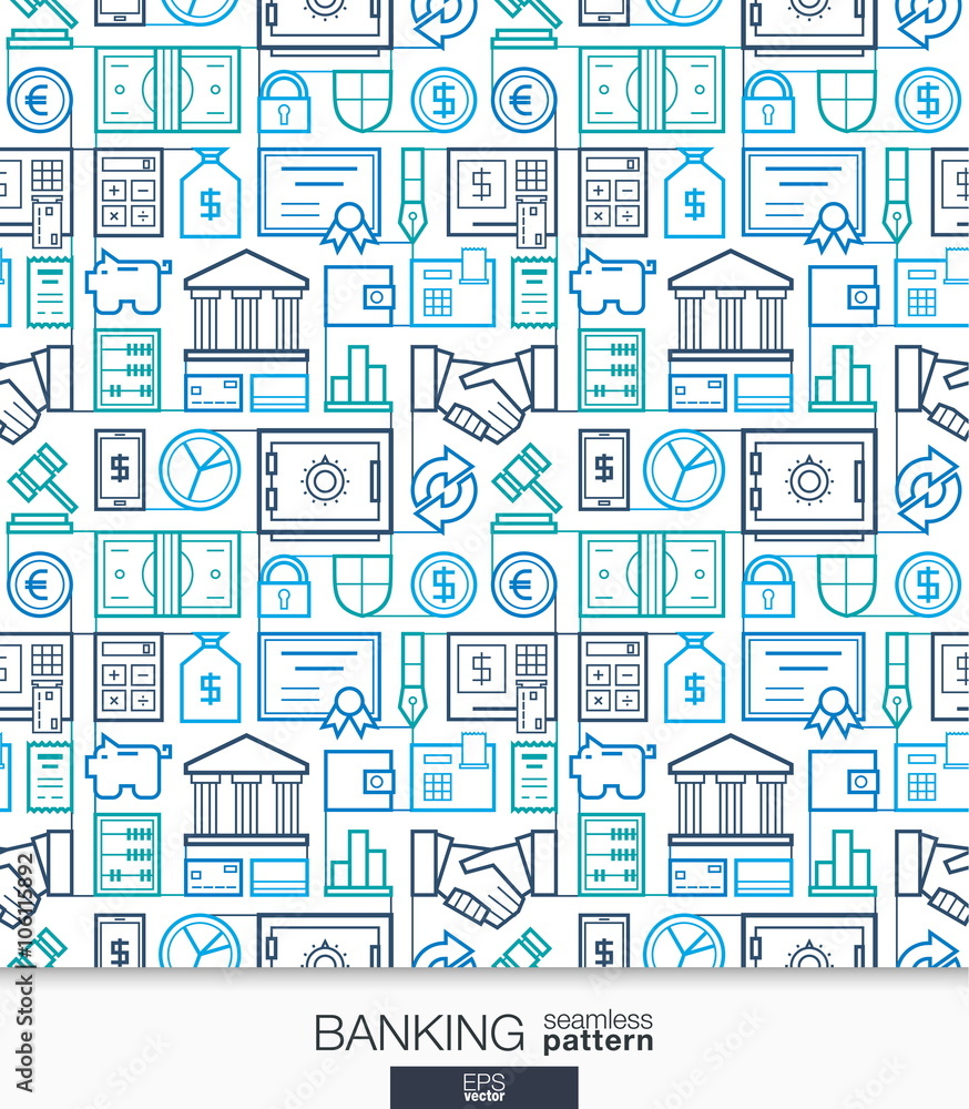 Poster banking and finance wallpaper. bank seamless pattern. tiling textures with integrated thin line web 