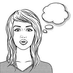 Vector line art young woman face with speech bubble, awesome girl graphic sketch
