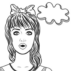 Line art young woman surprised face with cute haircut and bow, speech bubble for message outlined