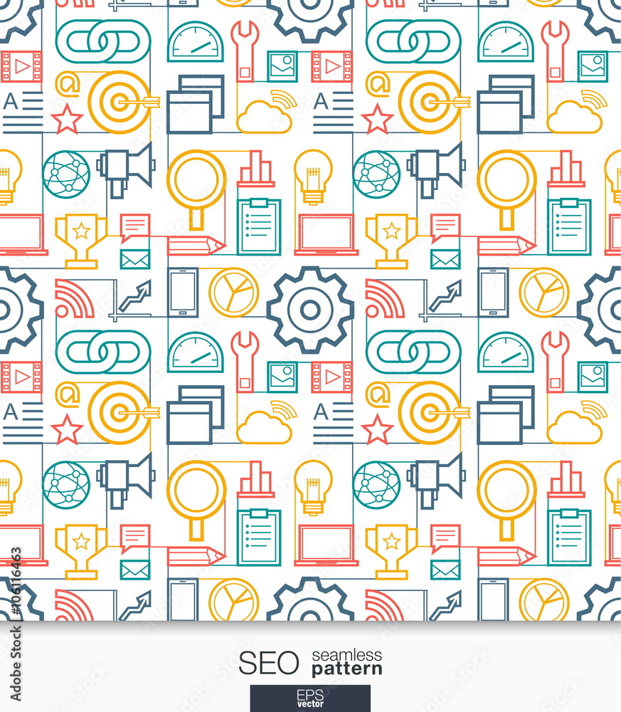 Poster seo wallpaper. marketing seamless pattern. tiling textures with thin line integrated web icons set. 