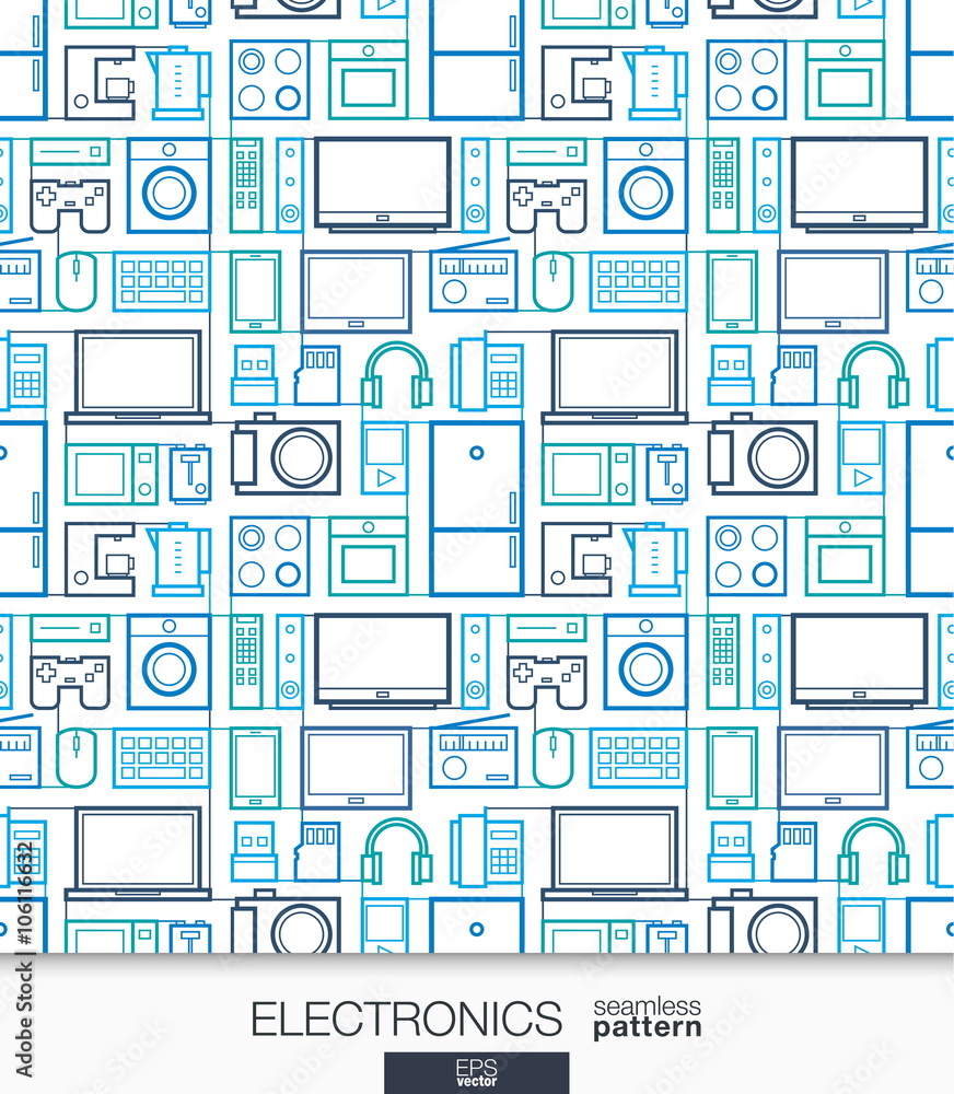 Poster home electronics wallpaper. digital shop seamless pattern. tiling textures with thin line integrated