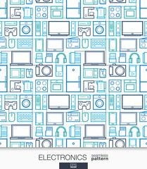 Home Electronics wallpaper. Digital shop seamless pattern. Tiling textures with thin line integrated web icons. Vector network illustration. Abstract background for mobile app, website, presentation.