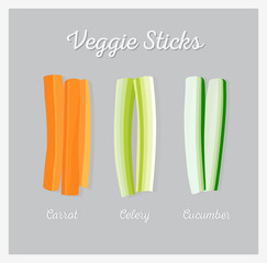 Raw segetable sticks. Vector illustration, flat lay.
