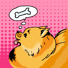 Vector pop art funny pomeranian spitz hungry dog thinking of food, comics style dog illustration