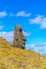 Moai, the Volcanic Stone Statue at the hill of Rano Raraku Quarry in Easter Island, Chile.