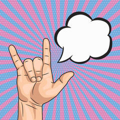 Vector pop art Rock sign in retro comic style. Grunge rock and roll man hand gesture.