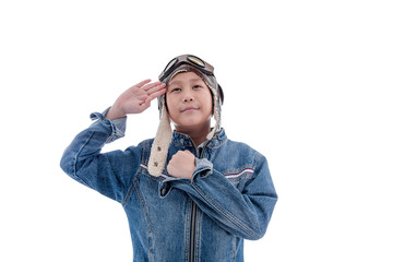 Young boy pilot isolated in white with clipping path