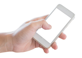 Man hand holding phone isolated clipping path inside