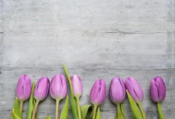 Zelfklevend Fotobehang Krokussen Old grey wooden background with purple white tulips,snowdrop and crocus border in a row and empty copy space, spring summer decoration  