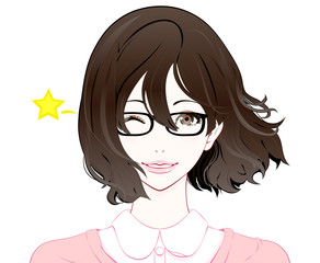 メガネをかけた女性の表情 / ウインク / 春服 / なびく髪