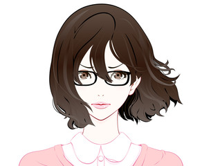 メガネをかけた女性の表情 / 怒る / 春服 / なびく髪