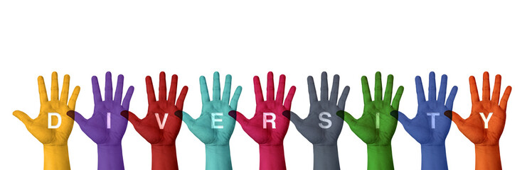 Fototapeta premium Raised hand paint with colorful color with diversity word isolat