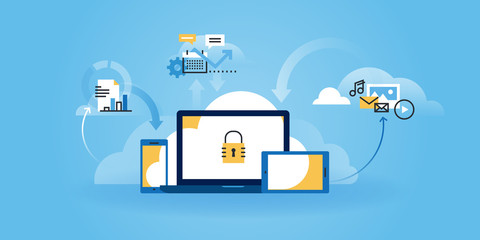 Flat line design website banner of internet security, information security, data protection, cloud computing. Modern vector illustration for web design, marketing and print material.