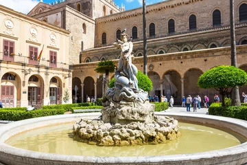 Schilderijen op glas Monreale Cathedral, view on fountain, near Palermo, Sicily, Italy © ptiptja