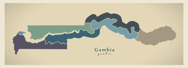 Modern Map - Gambia with government areas colored GM - obrazy, fototapety, plakaty