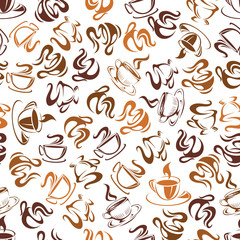 Retro pattern with seamless coffee cups and mugs background in brown colors randomly scattered over white background. Textile, print or cafe interior design