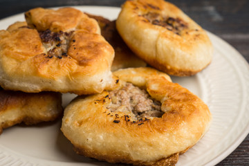 Homemade meat pies on the wooden background