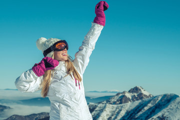 Happiness female stay on the top of mountain with beautiful view
