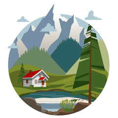 Fototapeta na wymiar Houses in the mountains. Trendy flat style, vector illustrations, landscape