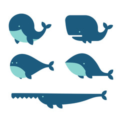 Whale Icon Set. Cartoon Style on White Background. Vector