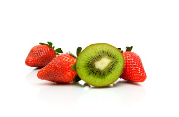 kiwi and fresh strawberries on a white background.